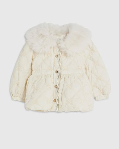 River Island Mini Girls Padded Coat Cream Faux Fur