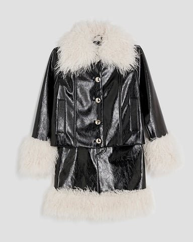 River Island Girls Jacket & Skirt Set Black Shaggy Faux Leather
