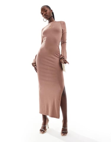 Simmi knitted flared sleeve low back maxi jumper dress in mocha