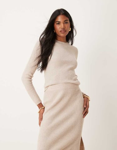 JDY ribbed top co-ord in beige