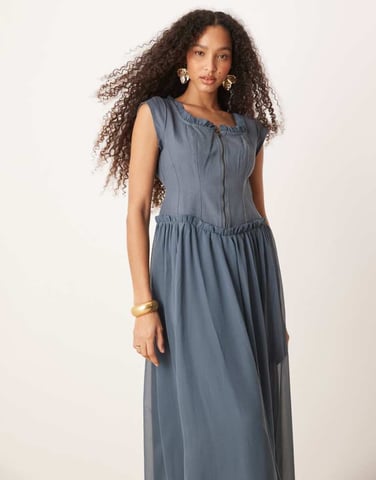 ASOS DESIGN zip through twill bodice midi dress in denim blue