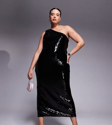 ASOS DESIGN Curve sheer sequin one shoulder midi dress in black