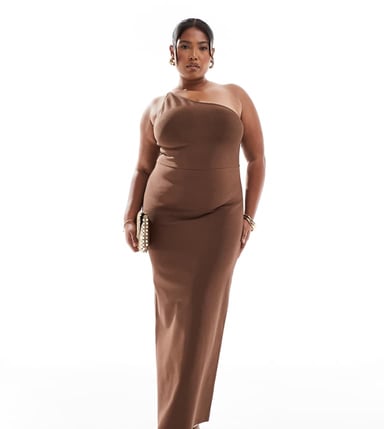 ASOS DESIGN Curve bandage one shoulder midi dress with open back in chocolate