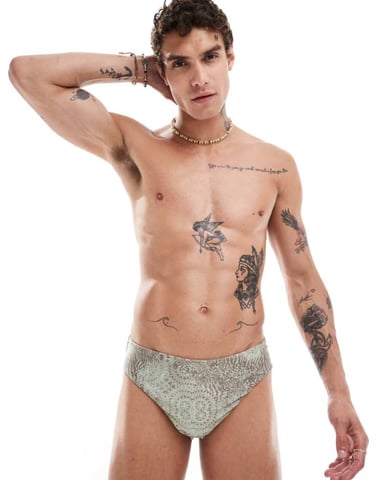 Reclaimed Vintage reversible swim trunk in grey animal print