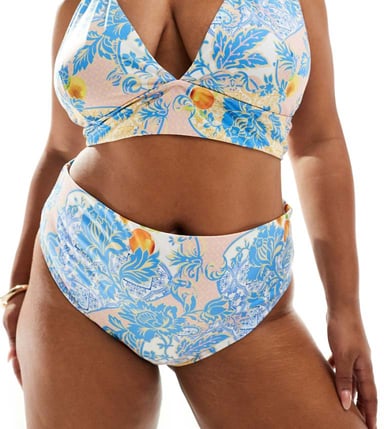 ASOS DESIGN Curve Hailey high leg high waist bikini bottom in baroque