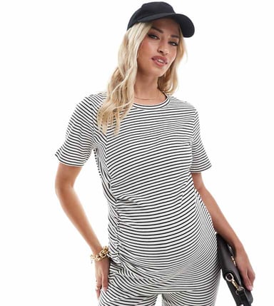 Mamalicious maternity ribbed ruched front short sleeve top co-ord in stripe