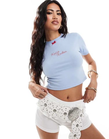 Kaiia cotton blend rodeo bow detail baby tee in baby blue