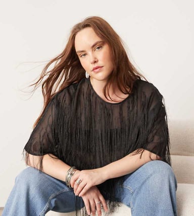 ASOS EDITION Curve woven fringe detail boxy top in black