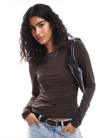 AWARE slinky ruched long sleeved top in chocolate brown