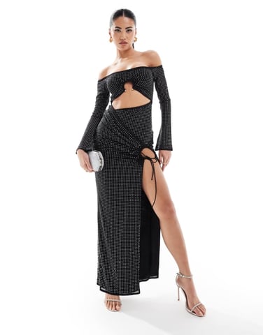 ASOS DESIGN long sleeve hotfix bardot trim detail maxi dress in black