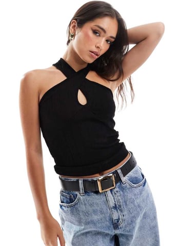 Vero Moda jersey twist halter top in black