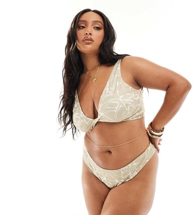 ASOS DESIGN Curve twist front crop bikini top in tonal floral