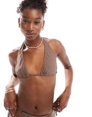 COLLUSION high apex bikini top co-ord in brown