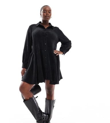 ASOS DESIGN Curve cord smock mini dress with peplum hem in black