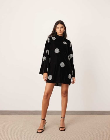 ASOS EDITION embellished diamante fringe high neck velvet mini dress in black