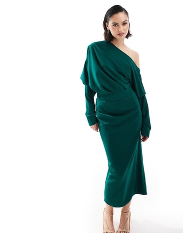 ASOS DESIGN slouchy fallen shoulder midi dress in forest green
