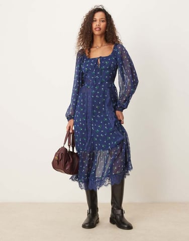 ASOS DESIGN long sleeve tie front midi dress with lace inserts in pretty ditsy floral