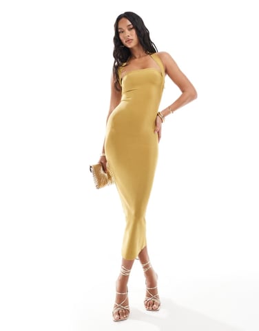 ASOS DESIGN bandage fyrkantig halsringning halterneck midi klänning i guld