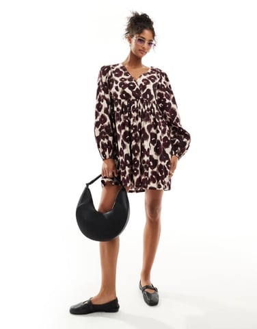 ASOS DESIGN bomullsv-neck mini smock klänning i leopardtryck