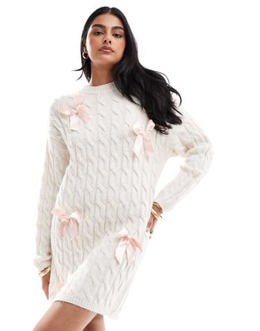 Miss Selfridge satinband detaljerad stickad miniklänning i havre