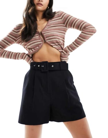 ASOS DESIGN tailored belted shorts with linen in black