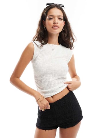 ASOS DESIGN textured wide shoulder ruched side tank top in ecru