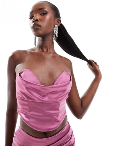 ASOS DESIGN co-ord satin twill strapless corset top with v bar in mauve