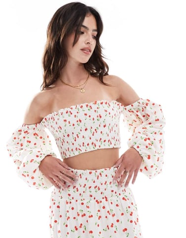 ASOS DESIGN shirred off shoulder top in cherry print co-ord