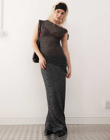 COLLUSION shimmer knitted maxi skirt in charcoal
