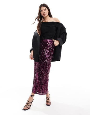 ASOS DESIGN sequin maxi skirt in burgundy