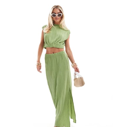 Vero Moda Petite plisse split maxi skirt co-ord in mid green