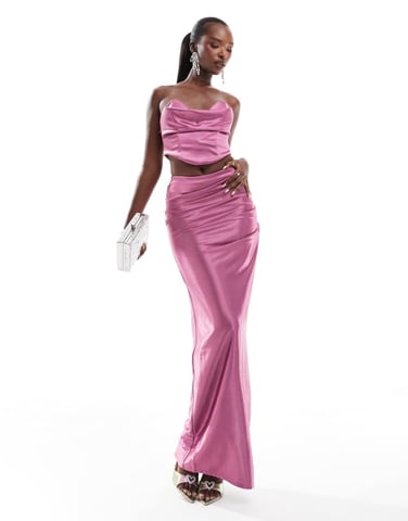 ASOS DESIGN co-ord ruched side satin twill maxi skirt in mauve