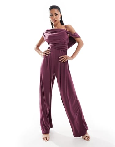 ASOS DESIGN fallande axel bredbenad jumpsuit i plommon