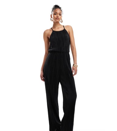 JDY Tall open back plisse jumpsuit in black