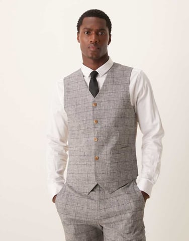 ASOS DESIGN new skinny with linen suit waistcoat in grey prince of wales check
