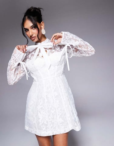 ASOS LUXE jacquard lace long sleeve caged mini dress in white