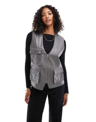 ASOS DESIGN faux leather utility pocket detail gilet in grey