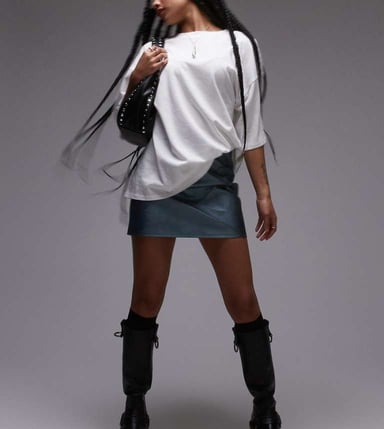 Topshop Petite faux leather panelled seam pelmet skirt in metallic airforce blue