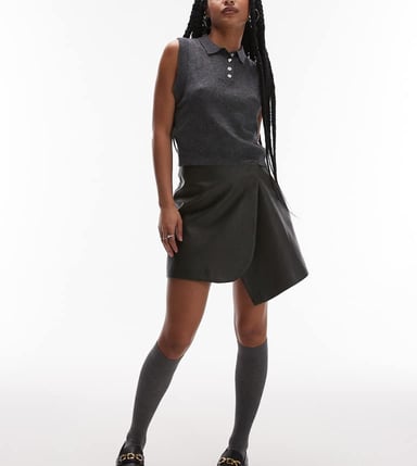 Topshop petite faux leather wrap mini skirt in dark khaki