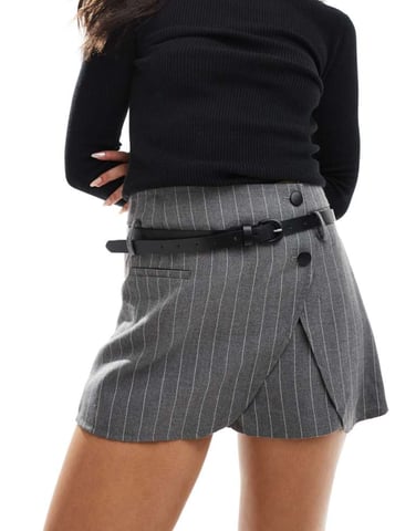 ASOS DESIGN tailored wrap belted skort in grey stripe
