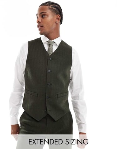 ASOS DESIGN skinny suit waistcoat in wool blend olive green herringbone