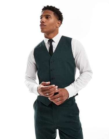 ASOS DESIGN skinny suit waistcoat in dark green herringbone