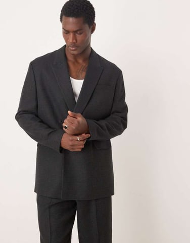 ASOS DESIGN relaxed longline suit jacket in black textured fabric