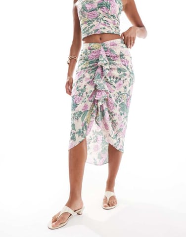 Abercrombie & Fitch co-ord crinkle cascading ruffle midi skirt in purple floral print