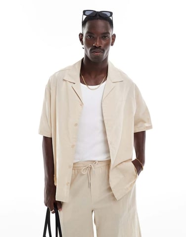 Sixth June short sleeve oversized linen shirt co-ord in beige