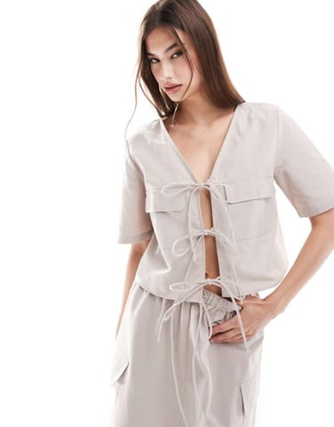 ASOS DESIGN tie front crop shirt in off white