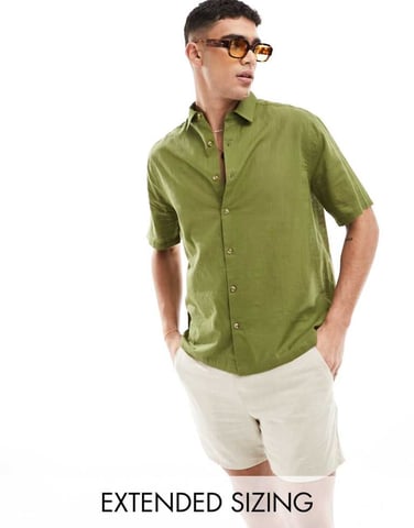 ASOS DESIGN short sleeve relaxed linen look shirt in khaki