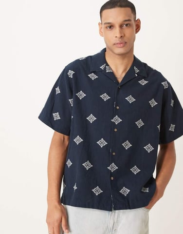 Selected boxy fit revere collar shirt with embroidery in navy