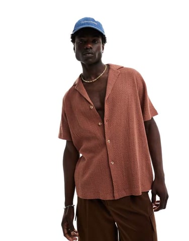 ASOS DESIGN avslappnad djup krage korgtextur skjorta i rostbrun