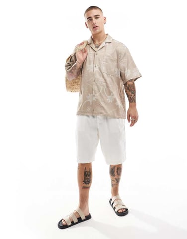 The Couture Club palm print embroidery shirt in beige